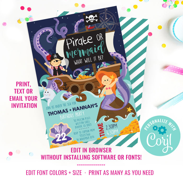 Pirate and Mermaid Birthday Party Invitation