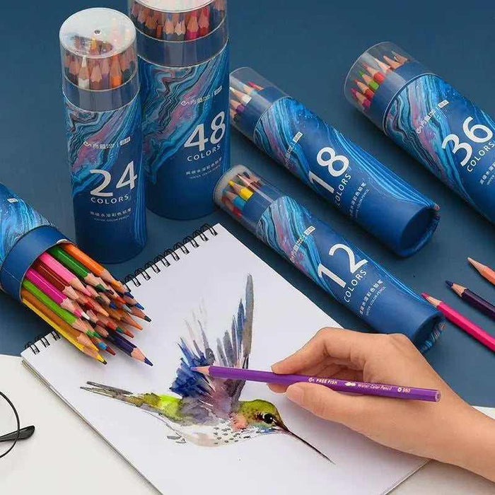 Full palette of premium 2H colored pencils displayed next to their handy storage box container with a closed lid, showing multiple bright neon and deep color options
