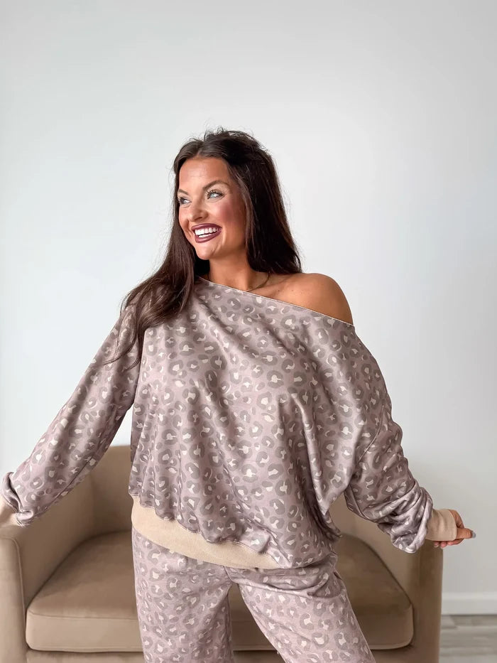 PREORDER: Off Shoulder Slouchy Pullover in Toasted Toffee Leopard // eta Nov - early Dec