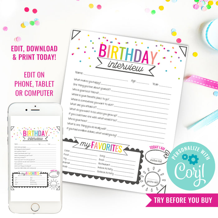 Printable Girls Birthday Interview | Kids Annual Interview, Birthday Keepsake | Child Tradition
