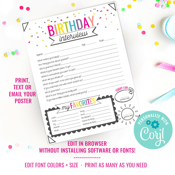 Printable Girls Birthday Interview | Kids Annual Interview, Birthday Keepsake | Child Tradition