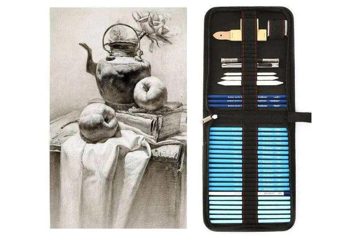 Professional sketching and drawing pencil kit displayed open inside its 23.5cm zippered travel bag, showcasing 24 sketching pencils, paper stumps, and art erasers.
