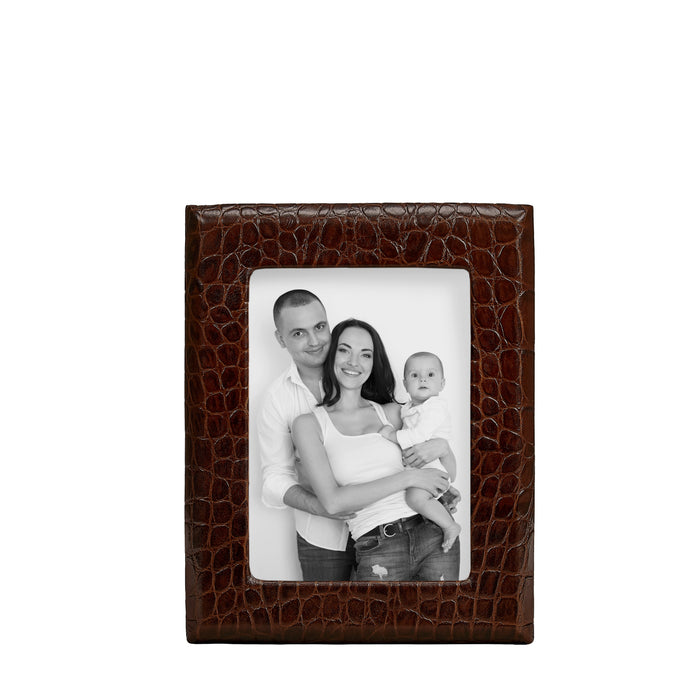 Profile Studio Frame in Brown Crocodile-Embossed Leather — photo opening and leather surround; photograph is separate