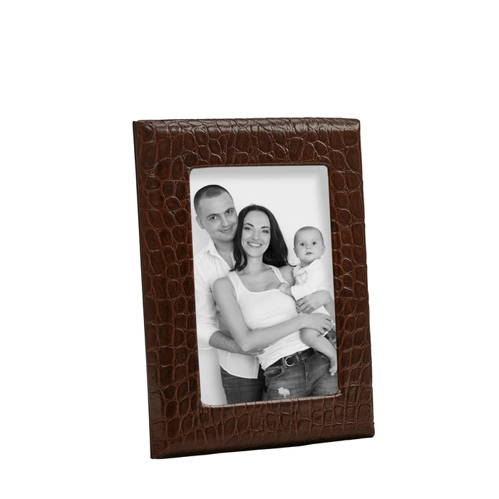 Profile Studio Frame in Brown Crocodile-Embossed Leather — photo opening and leather surround; photograph is separate