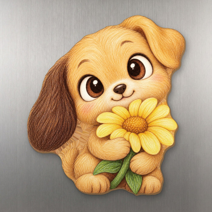 Pup-sy Daisy wood magnet M215 on a stainless steel fridge, made in USA
