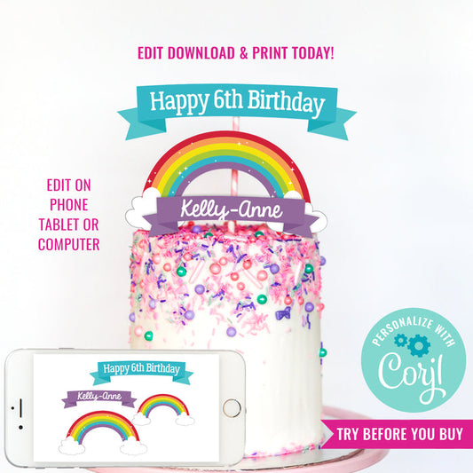 Rainbow Party Cake Topper | Pink Rainbow Party Cake Topper | Modern Rainbow Party
