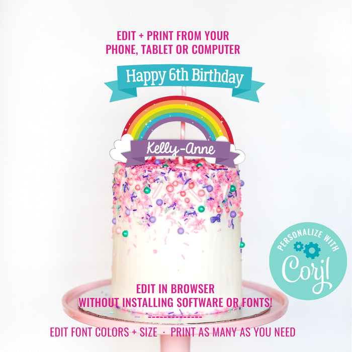 Rainbow Party Cake Topper | Pink Rainbow Party Cake Topper | Modern Rainbow Party