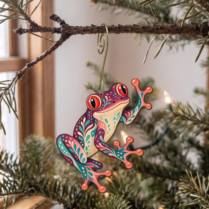 Laser-cut maple wood Red-Eyed Tree Frog folk art ornament O532 hanging on a fir branch, made in USA