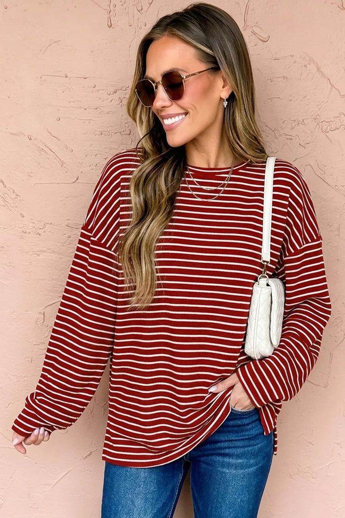 Red Stripe Drop Shoulder Long Sleeve Top — image 02