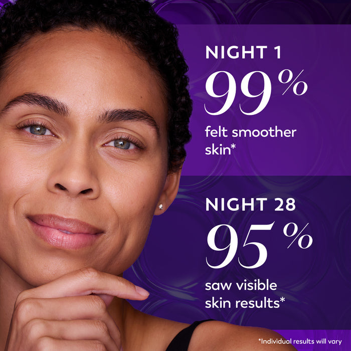 Close-up of a woman's face on a purple promotional graphic with text reading 'NIGHT 1 99% felt smoother skin' and 'NIGHT 28 95% saw visible skin results'.