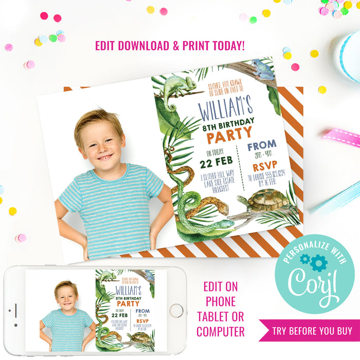 Reptile Party Birthday Photo Invitation