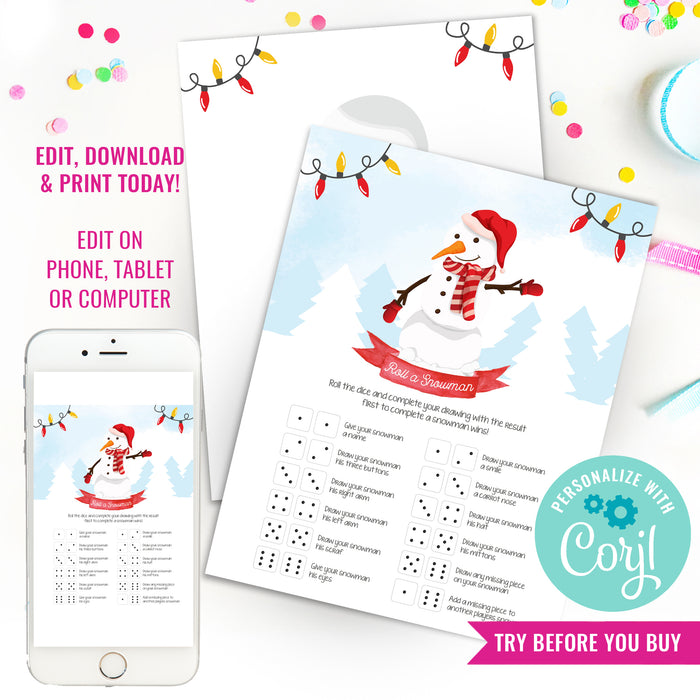 Roll A Snowman Dice Christmas Game | Printable Christmas Family Game | Holiday Game