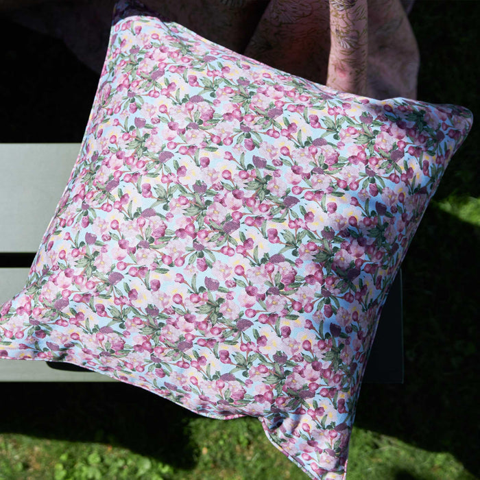 Close-up of the Romance Is Dead Organic Cotton Square Pillow Cover in Blue print