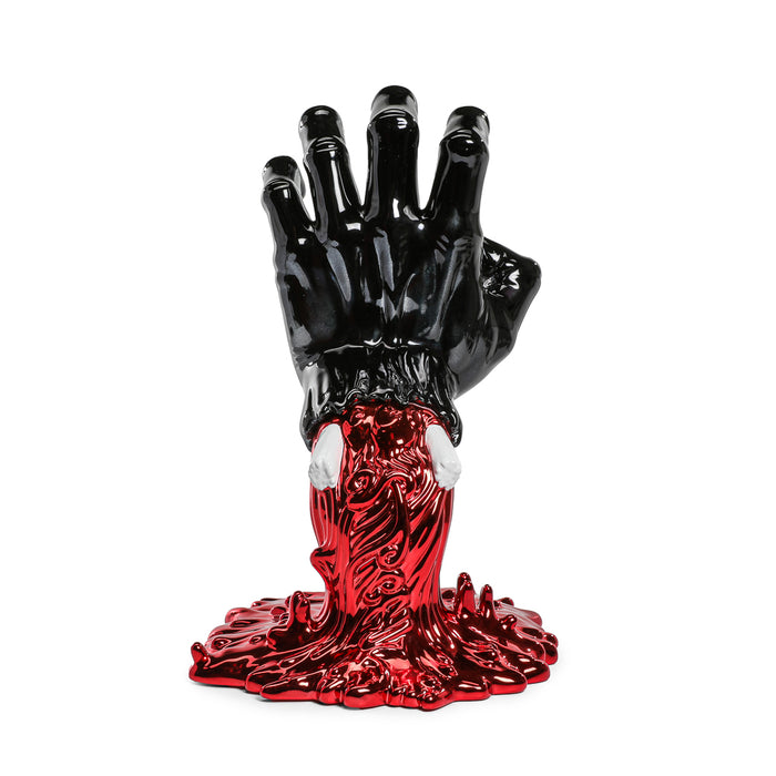 Santa Cruz 40th Anniversary Screaming Hand 9" chrome vinyl art figure in blood chrome edition with red and black design.