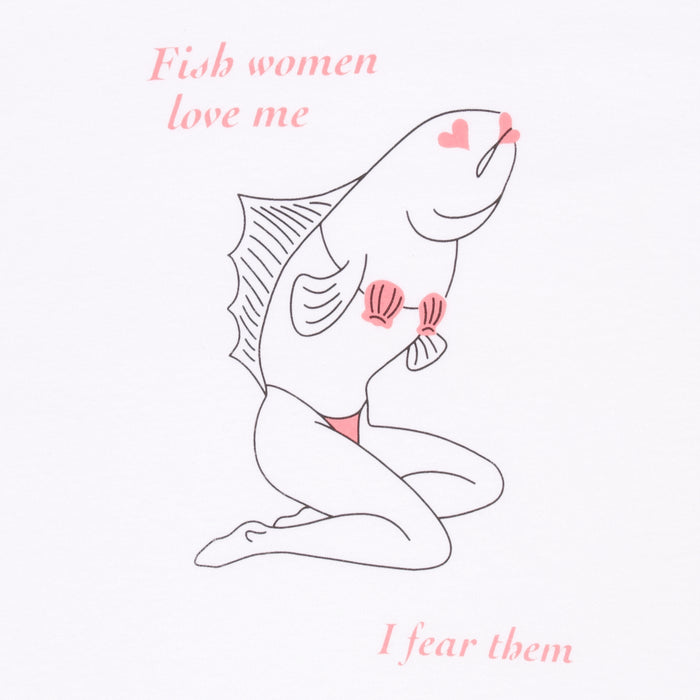 Close-up of the Sirena Fish Woman screen print in white