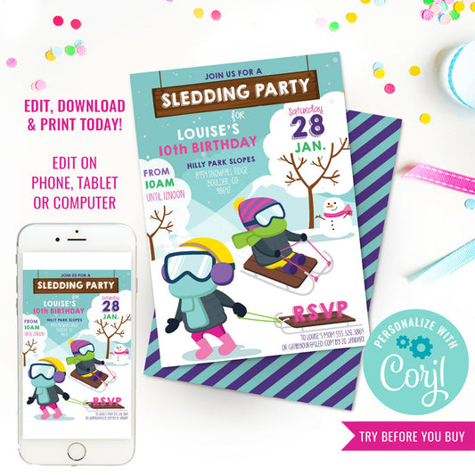 Sledding Party Invitation for Girls