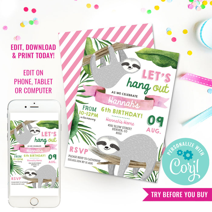 Sloth Birthday Party Invitation