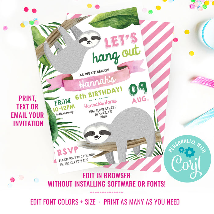 Sloth Birthday Party Invitation
