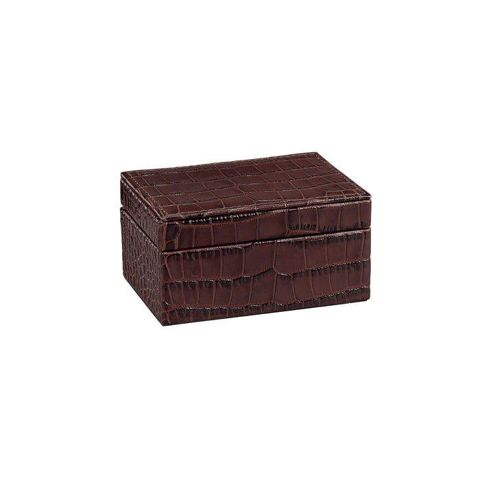Small Storage Box in Brown Crocodile-Embossed Leather — closed padded lid and embossed leather finish