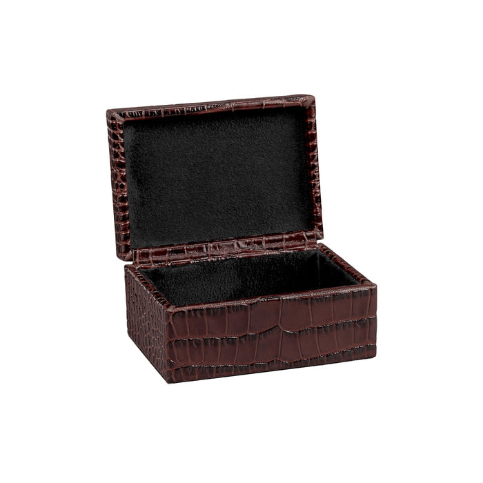 Small Storage Box in Brown Crocodile-Embossed Leather — open lid and lined storage interior