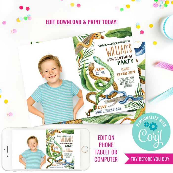 Snake Party Birthday Photo Invitation