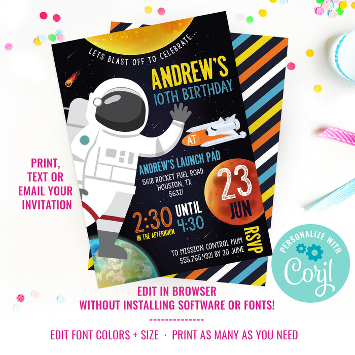 Space Astronaut Birthday Party Invitation