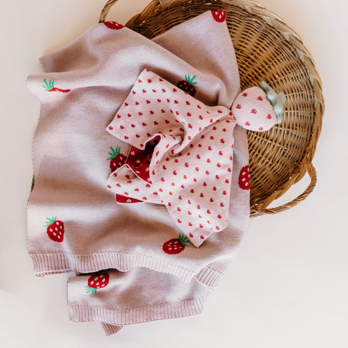 Strawberry Lovey Toy & Strawberry Jacquard Sweater Knit Baby Blanket (Organic Cotton)