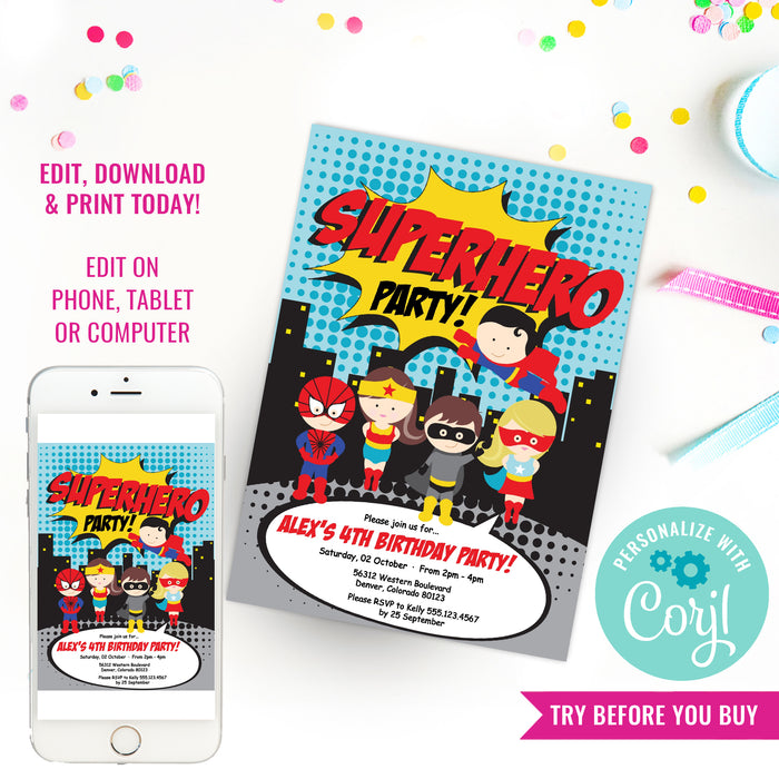 Superhero boys editable party invitation design