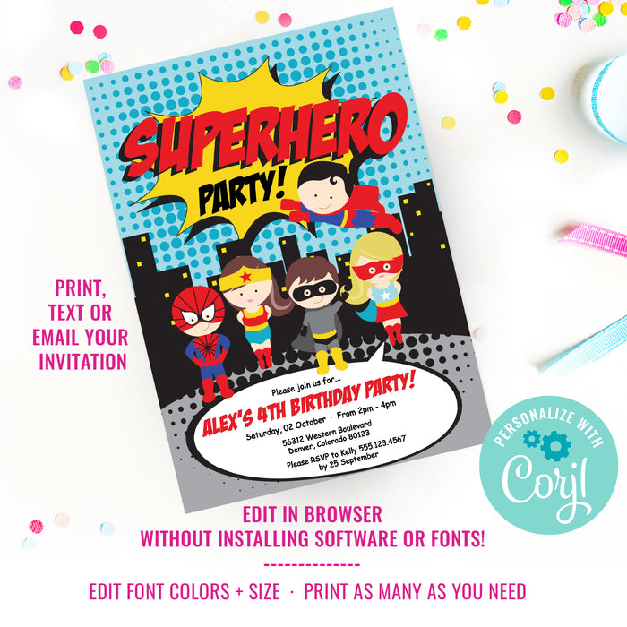 Superhero boys editable party invitation design