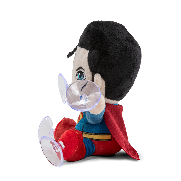 Superman plush window clinger featuring the iconic DC Comics superhero in a vibrant, detailed design for easy attachment to windows.