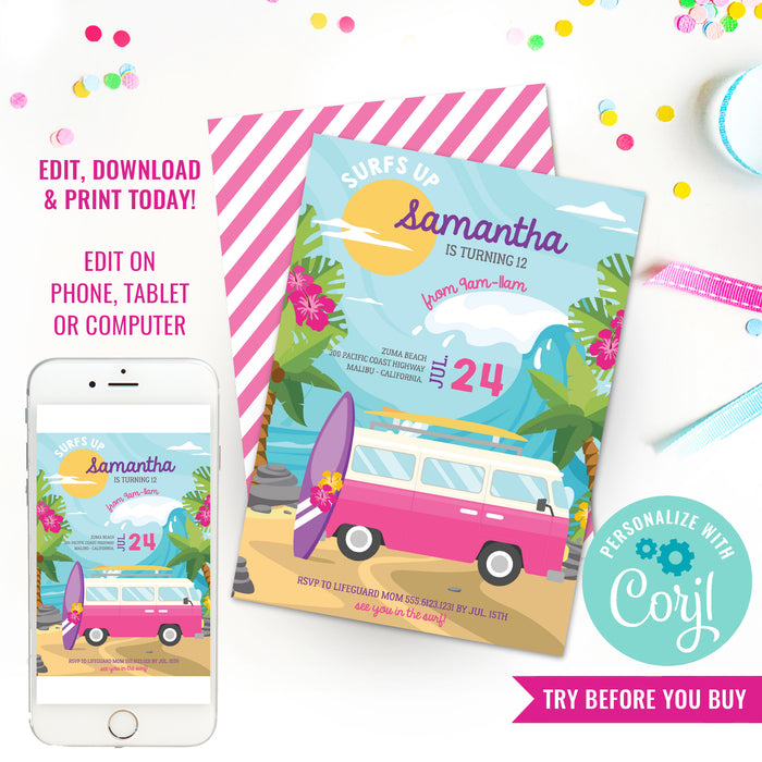 Surfer Girl Sea Beach Party Invitation