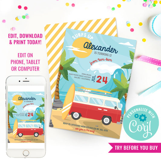 Surfing Party Birthday Invitation