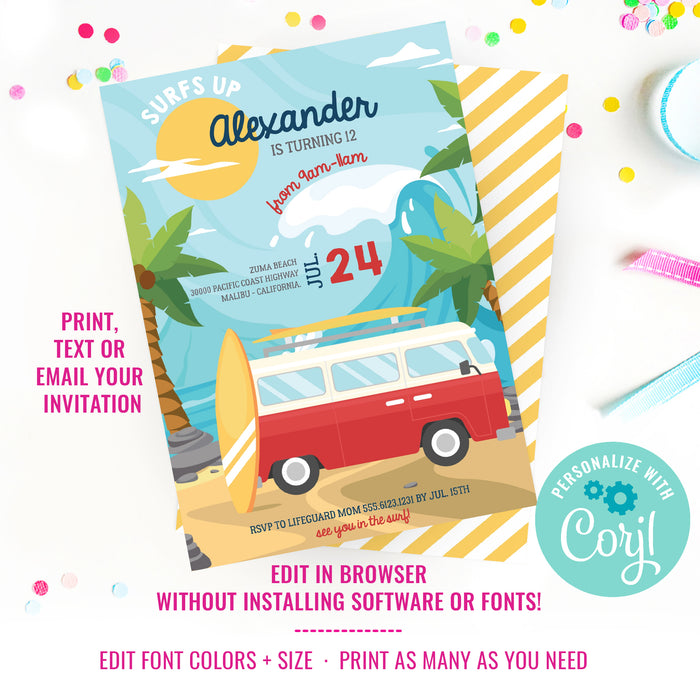 Surfing Beach Party Birthday Invitation