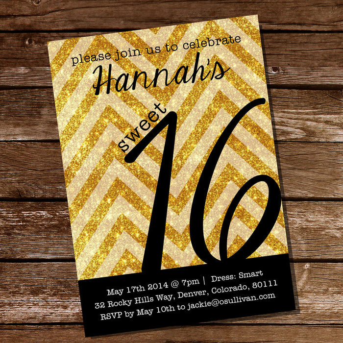 Sweet 16 Gold Glitter and Chevron Invitation | Black and Gold Invitation