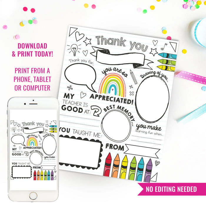 Teacher Appreciation Day Gift | All About Teacher Fill in Blank Printable | Teacher Thank You Gift