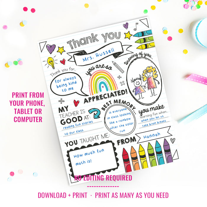 Teacher Appreciation Day Gift | All About Teacher Fill in Blank Printable | Teacher Thank You Gift