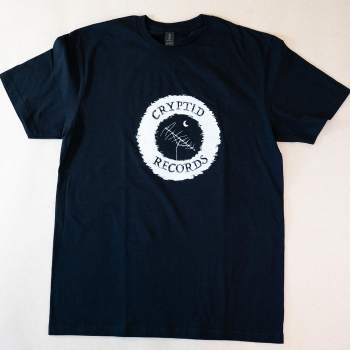 Cryptid Records logo screen print on black tee