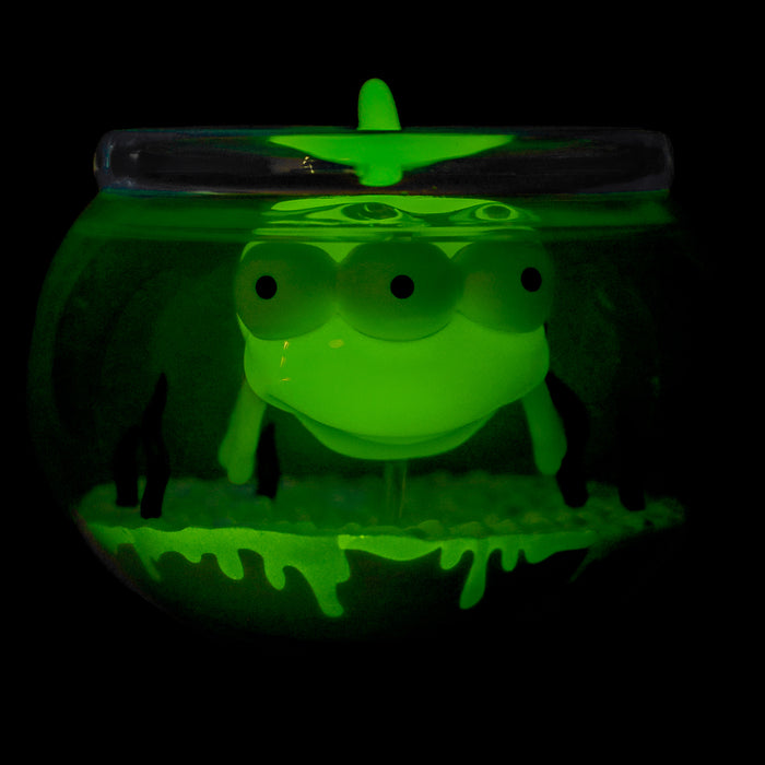 The Simpsons Blinky in Fish Bowl glow-in-the-dark vinyl art figure, 5.5 inches, radioactive edition, with detailed fish bowl design