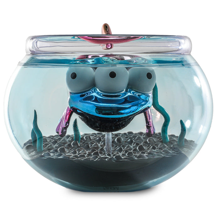 The Simpsons Blinky vinyl art figure in fish bowl, 5.5 inches, nuclear electroplate edition, debut at NYCC 2025, front view.