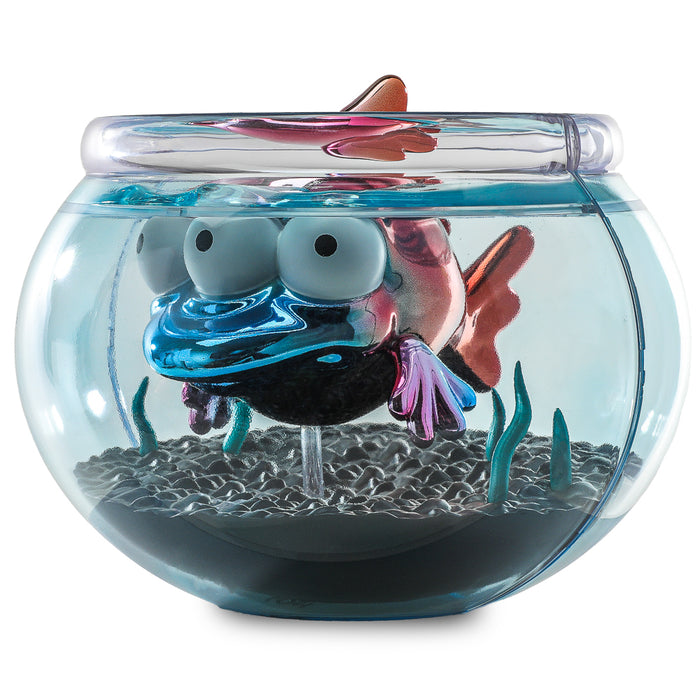 The Simpsons Blinky in fish bowl vinyl art figure, 5.5 inches, Nuclear Electroplate Edition, NYCC 2025 debut, vibrant collectible toy.