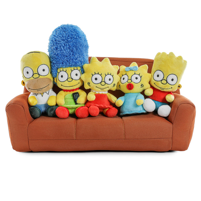 The Simpsons plush family set featuring Homer, Marge, Bart, Lisa, and Maggie on a couch, interactive medium plush toys from The Simpsons.