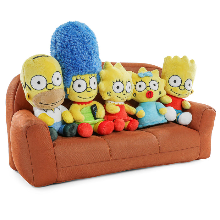 The Simpsons plush family set featuring Homer, Marge, Bart, Lisa, and Maggie sitting on a couch, interactive medium plush by The Simpsons.
