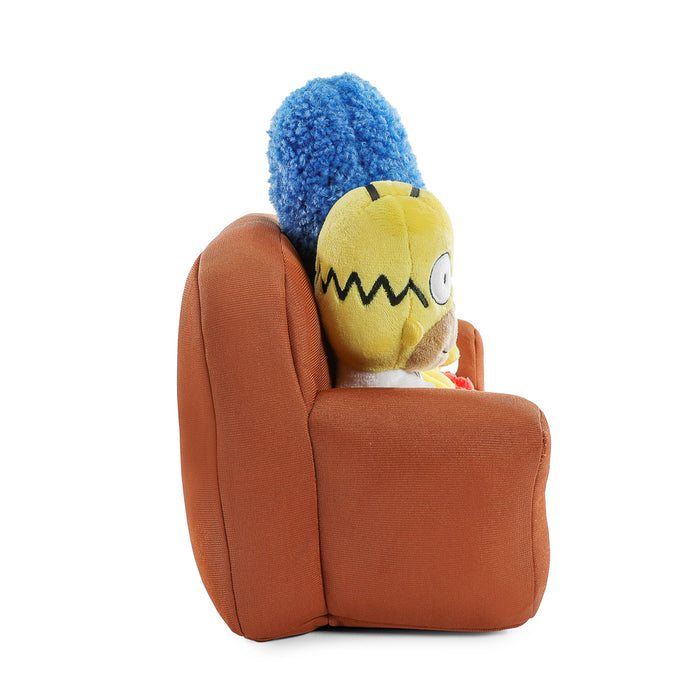 The Simpsons plush family set featuring Homer, Marge, Bart, Lisa, and Maggie sitting on a couch, interactive medium plush toys.