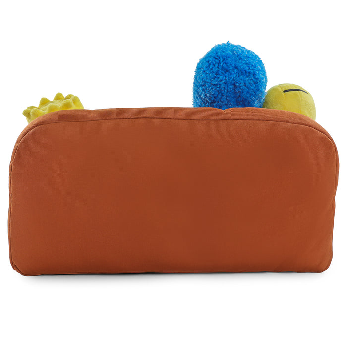 The Simpsons family plush set on couch, featuring interactive 13-inch plush toys from The Simpsons TV show.