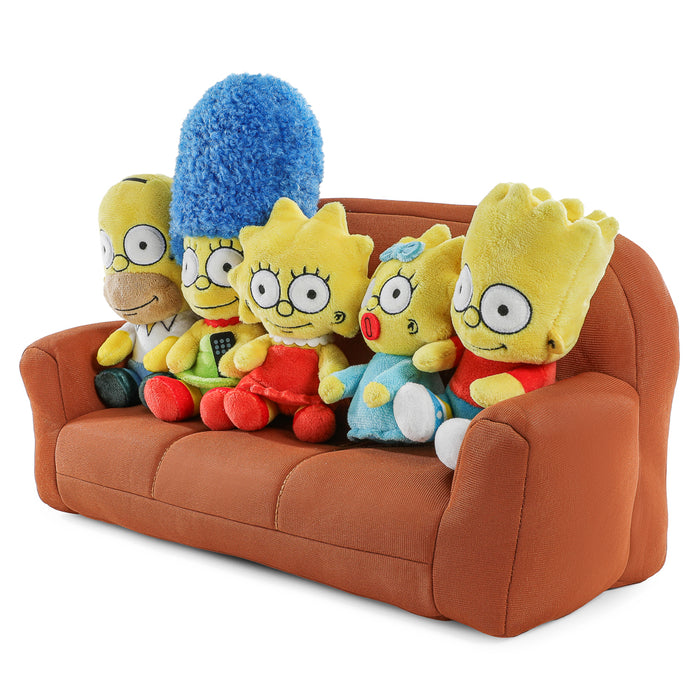 The Simpsons plush family set featuring Homer, Marge, Bart, Lisa, and Maggie on a couch, interactive medium plush toys.