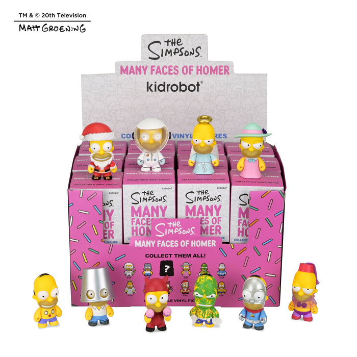 The Simpsons Many Faces of Homer blind box mini figure series by The Simpsons, featuring various Homer face designs.