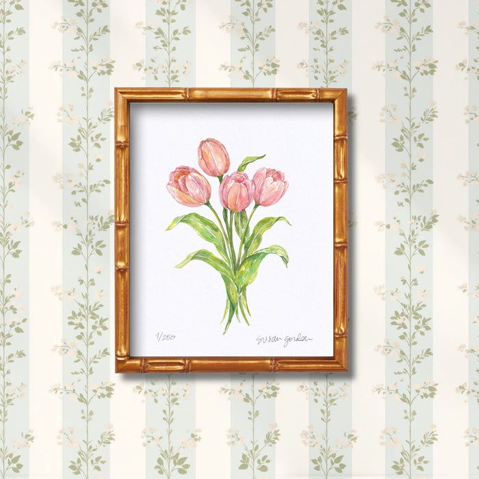 Tulip Archival Art Print — framed Tulip study displayed against floral wallpaper; Susan Gordon