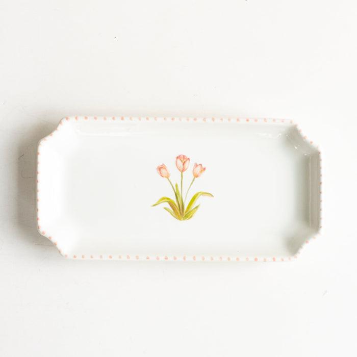 Tulip Petite Gold-Luster Stoneware Valet Tray — Tulip Petite tray with painted flowers and Gold-luster edge; Susan Gordon Pottery