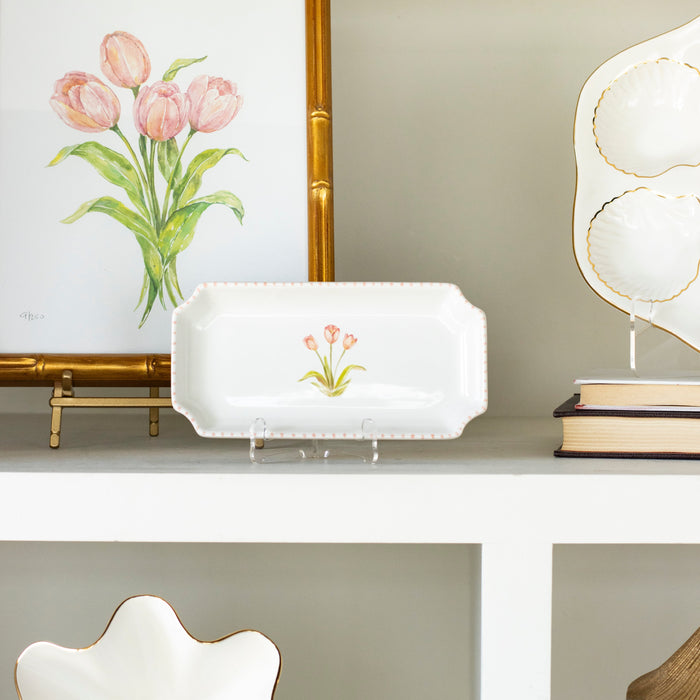 Tulip Petite Gold-Luster Stoneware Valet Tray — tray on a separate display stand beside Tulip artwork; Susan Gordon Pottery