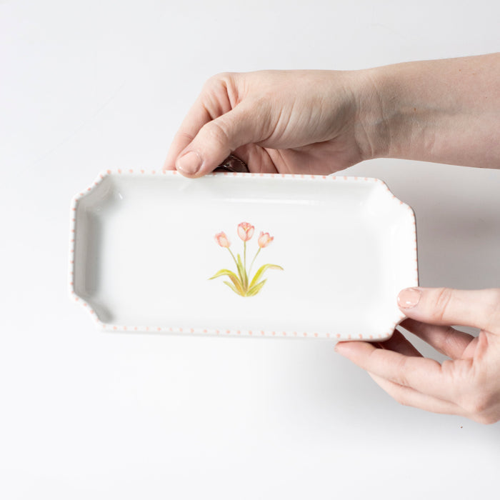 Tulip Petite Gold-Luster Stoneware Valet Tray — hands holding the small Tulip tray; Susan Gordon Pottery